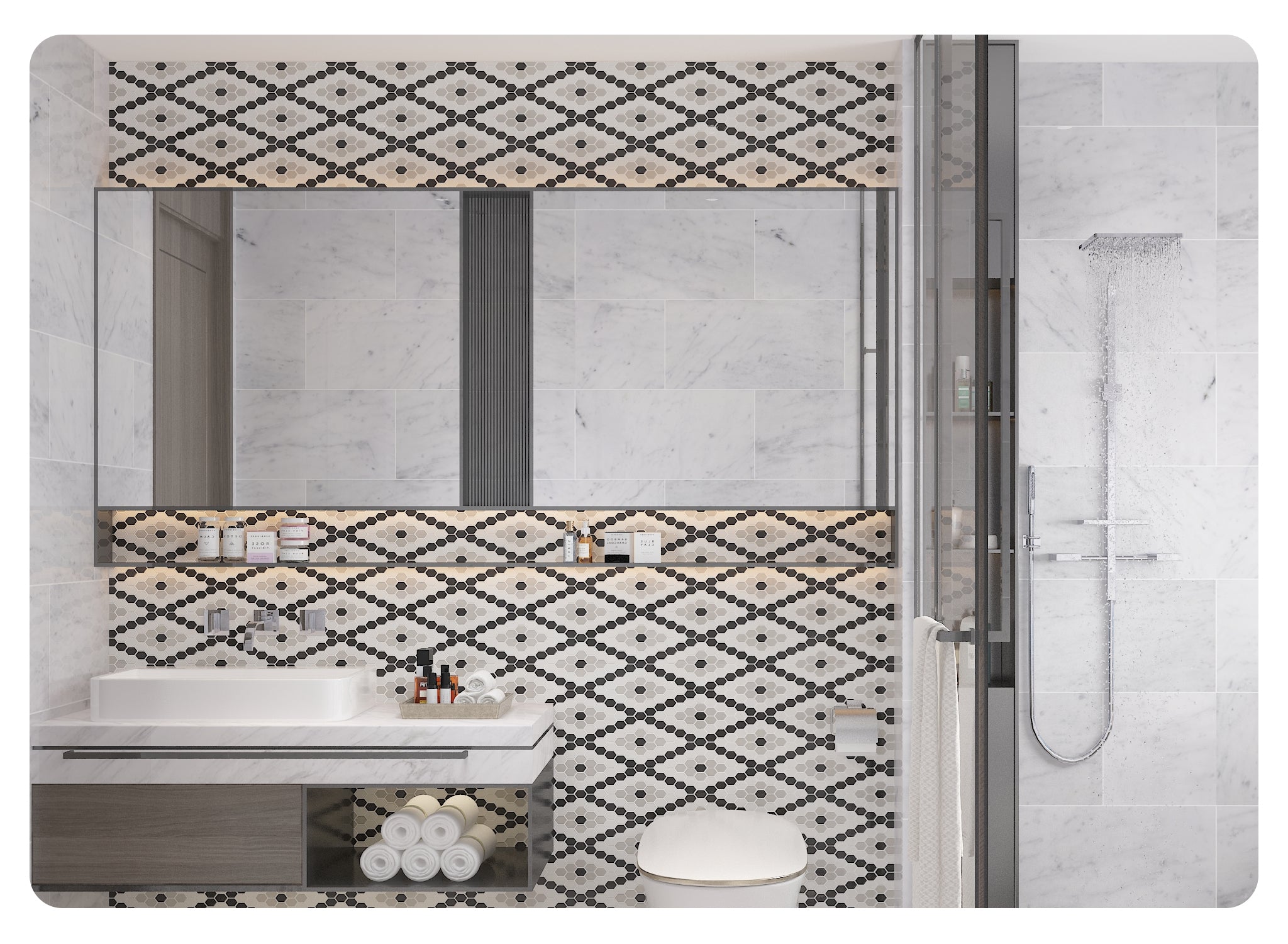 Ceramic 25mm Diamond Mosaic Tile Honed White &Light Grey & Black Mixed Pack Of 10