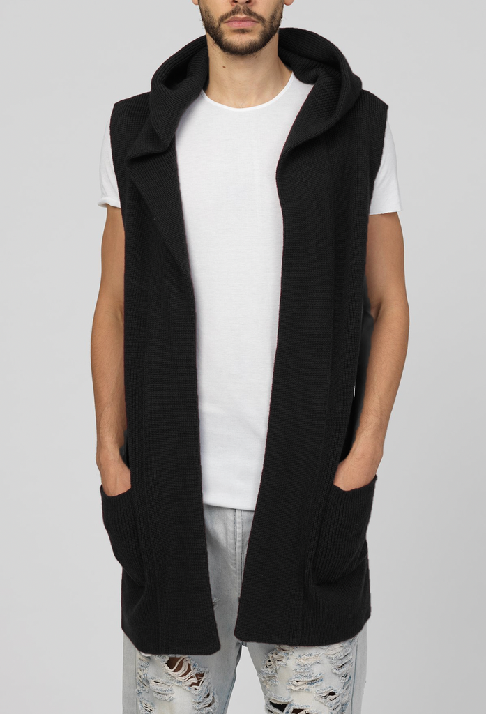 UNCONDITIONAL Black heavy knit hooded waistcoat / body warmer.