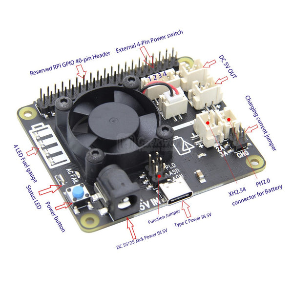 Raspberry Pi 4B/3B+/3B X708 UPS HAT & Power Management Board with Cooling Fan