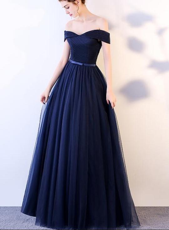 Navy Blue Long Off Shoulder Prom Dress