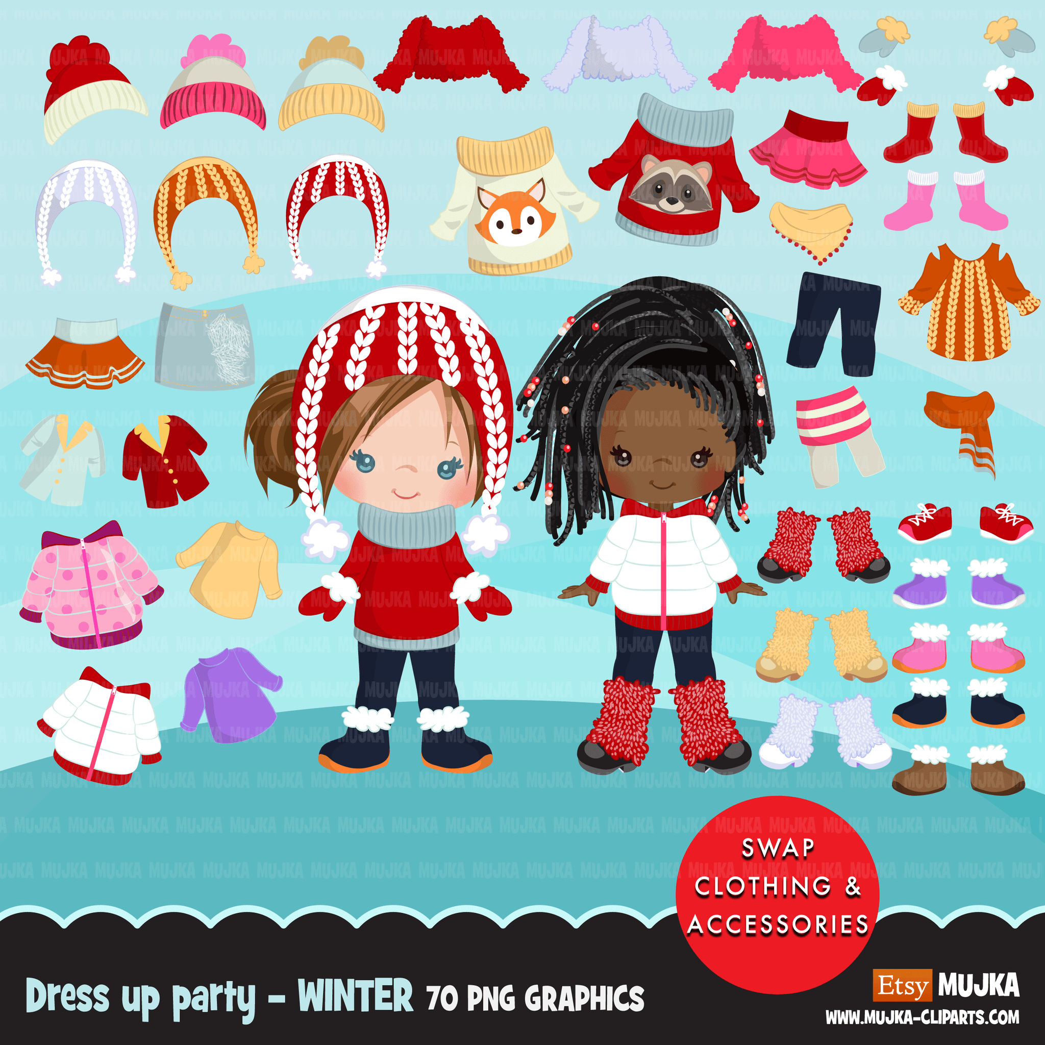 clipart bundle, dress up graphics, fashion outfits for kids girl
