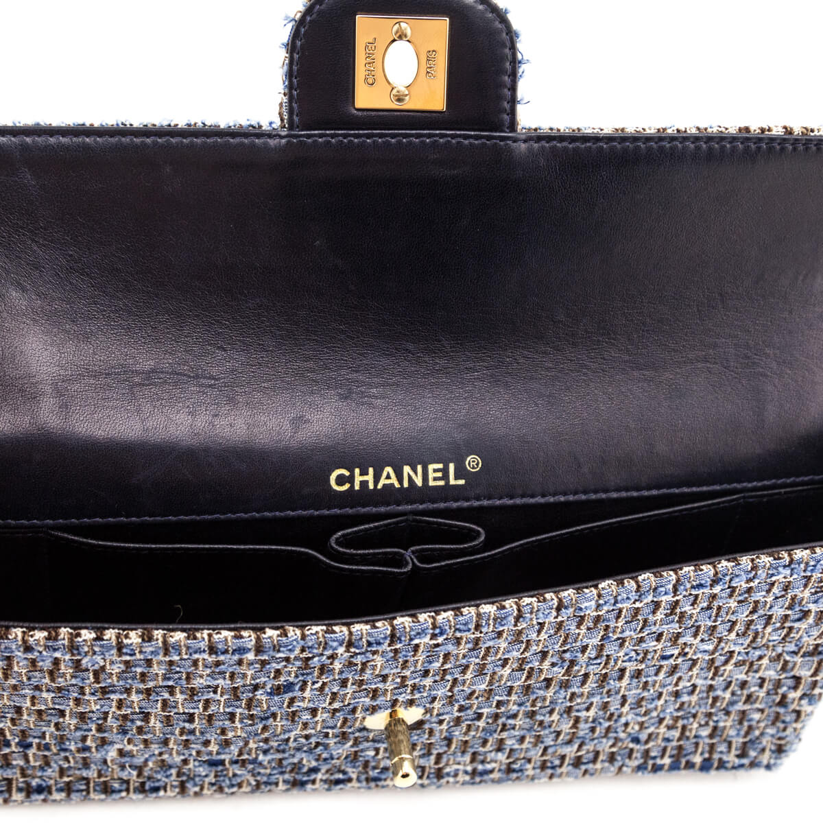 chanel blue tweed e/w flap bag ghw