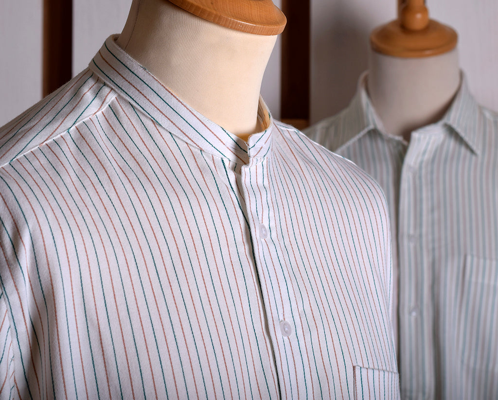 Neckband or Collarless Green Brown Striped Workshirt (SH220NB)