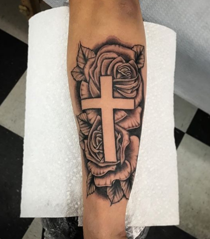 Cross and Rose Forearm Tattoo