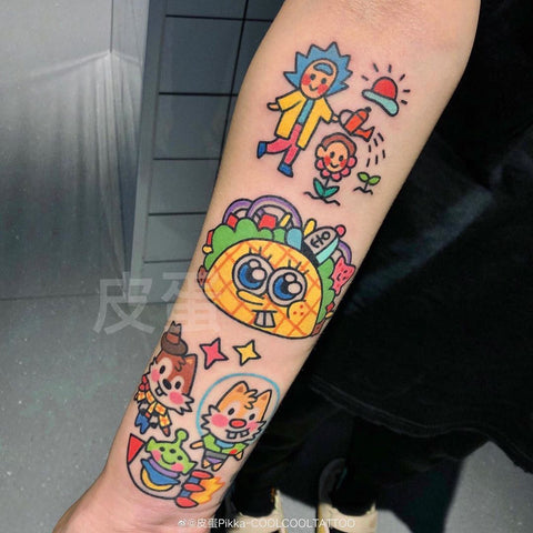 cartoon animal arm tattoo
