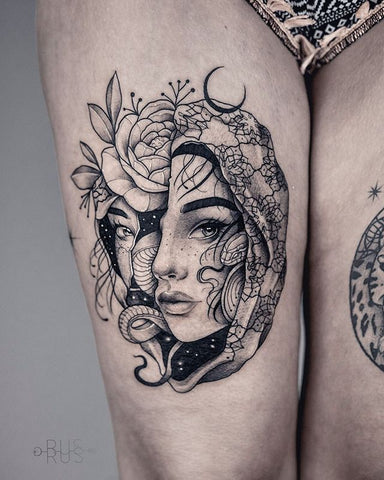 woman portrait thigh tattoo