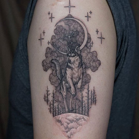 moon and wolf tattoo on arm