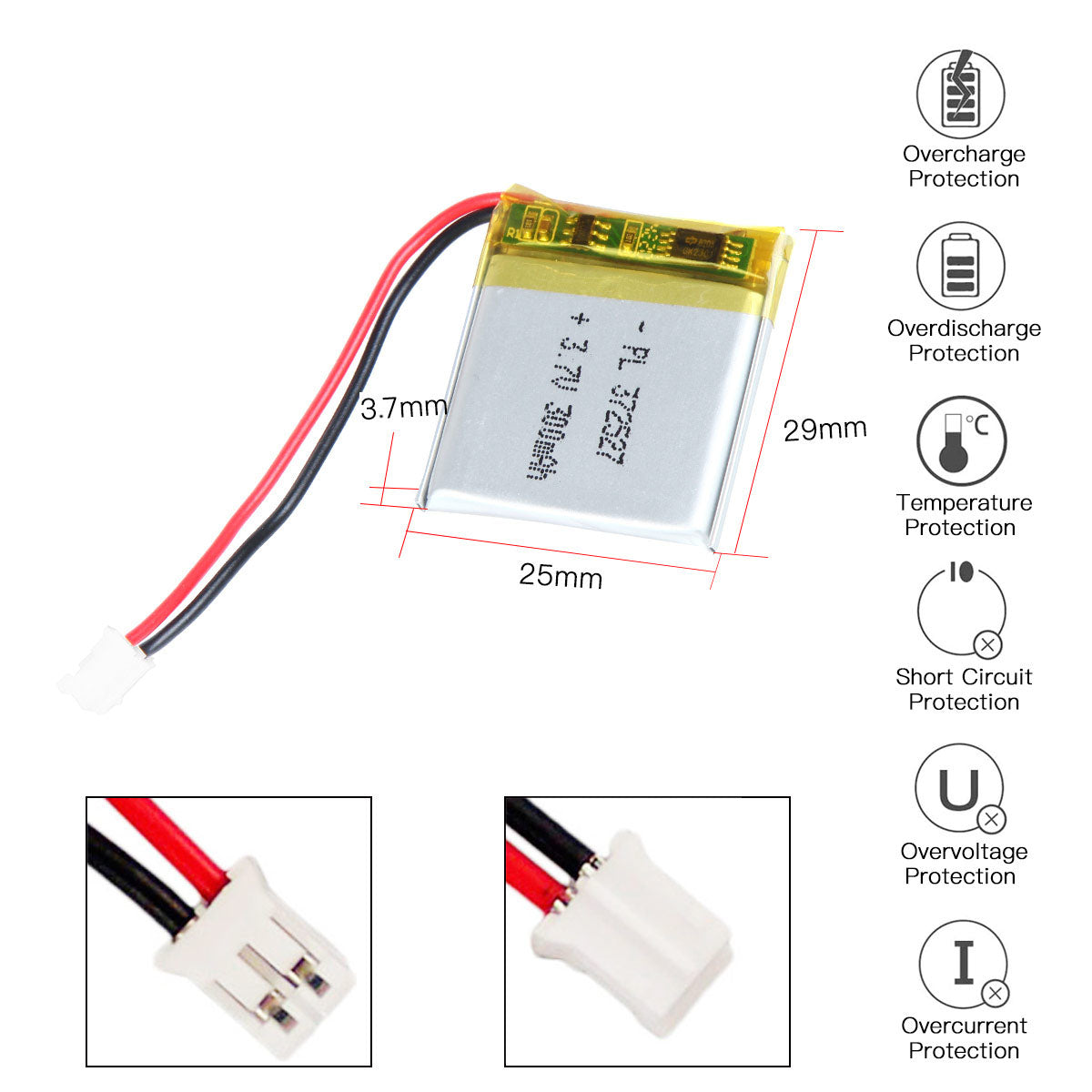 YDL 3.7V 300mAh 372527 Rechargeable Lithium Polymer Battery Length 29mm