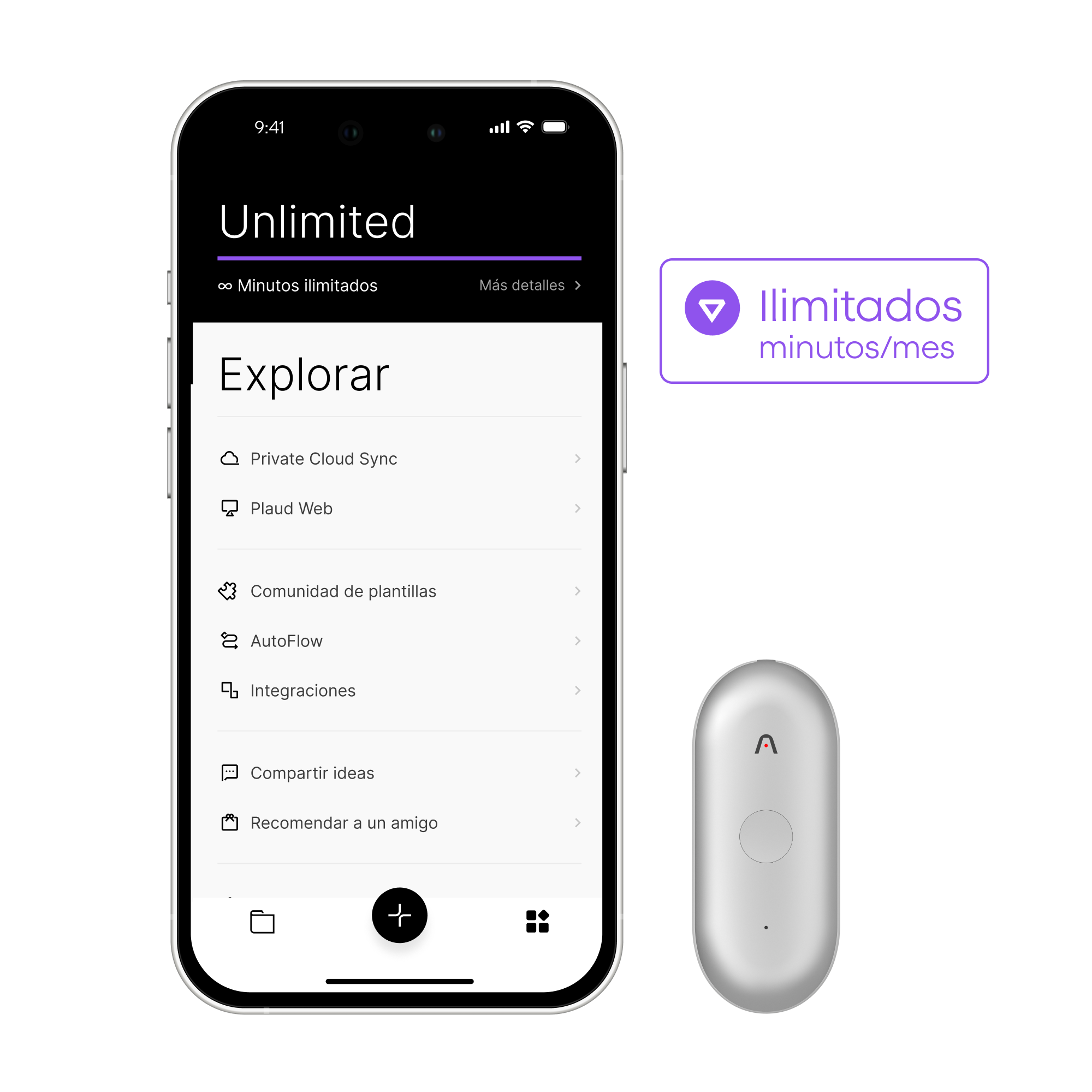 Plaud App en un teléfono con plan Unlimited (minutos ilimitados) y opciones de "Explorar", junto a un Plaud NotePin S blanco.