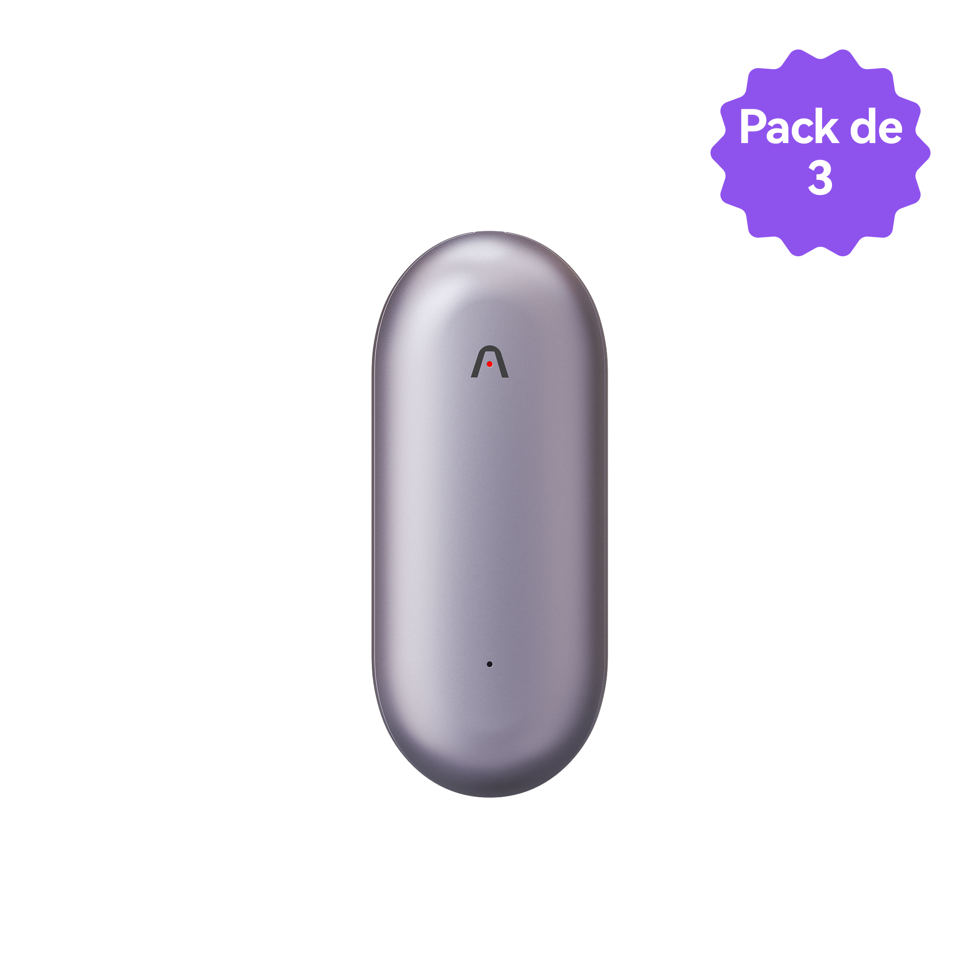 Plaud NotePin lavanda con logo Plaud. Insignia "Pack de 3" en la esquina superior derecha.