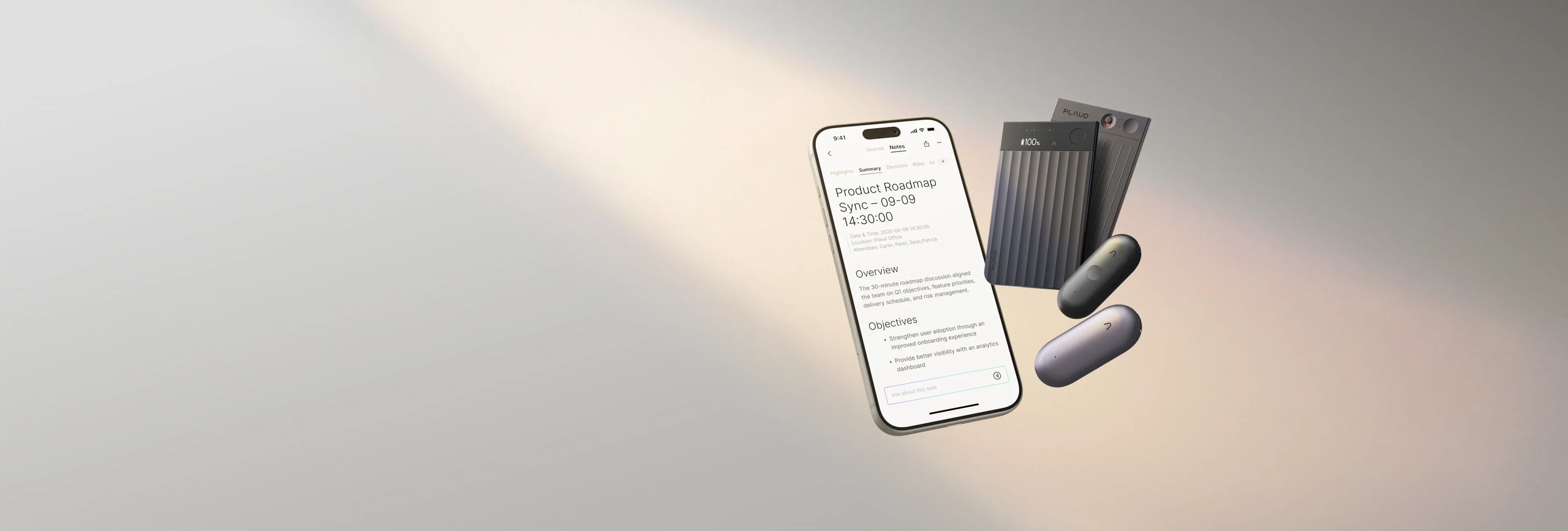 A white smartphone displaying the Plaud App is surrounded by two dark gray Plaud Note Pro and two Plaud NotePin S devices.
