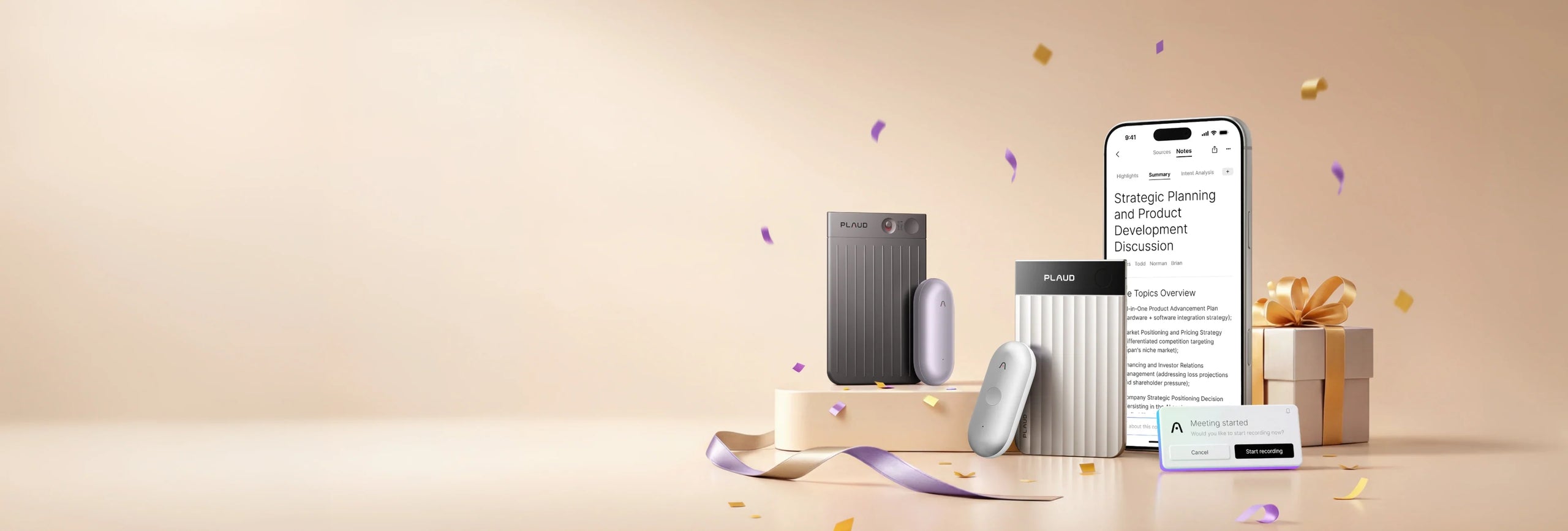 A festive display features Plaud Note, Note Pro, NotePin, NotePin S, and a smartphone with Plaud App, confetti, and a gift.