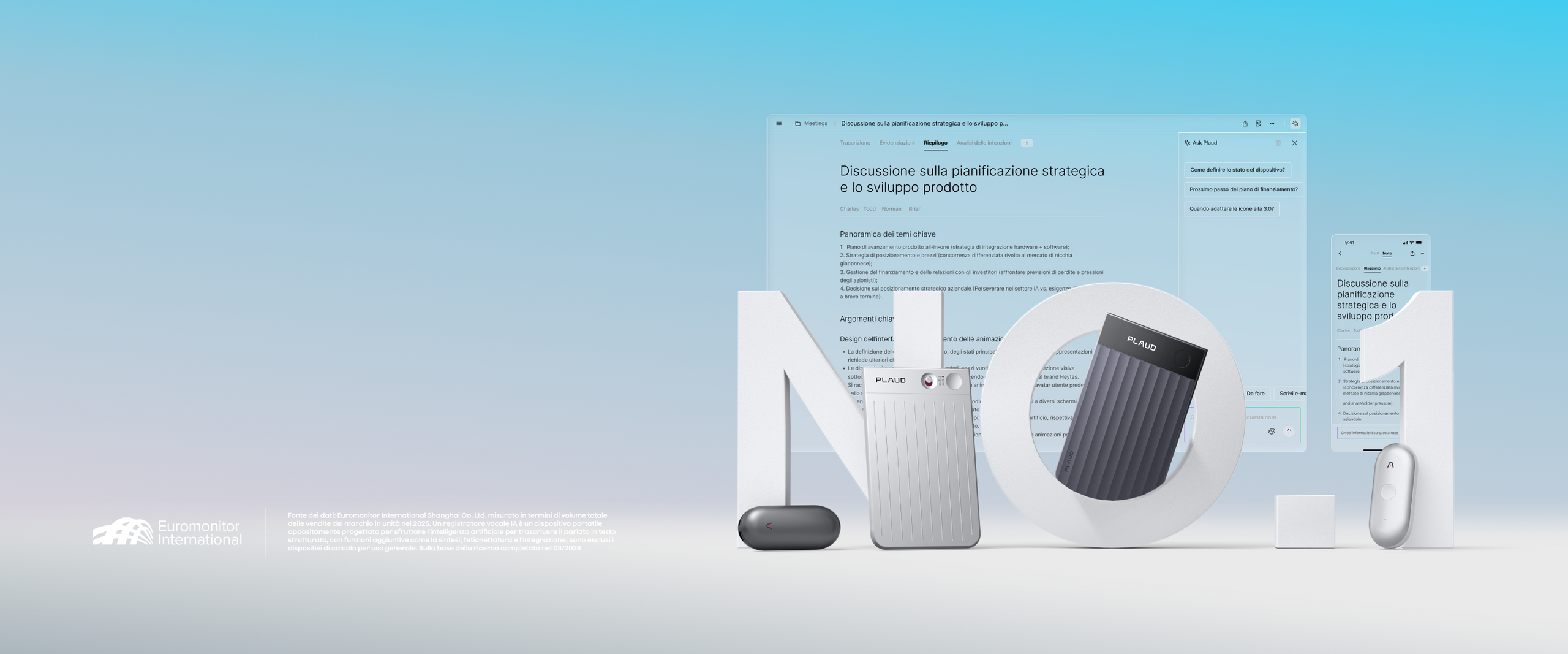 Plaud Note, Note Pro e NotePin con interfacce Plaud Web/App e testo "NO. 1" su sfondo blu sfumato.