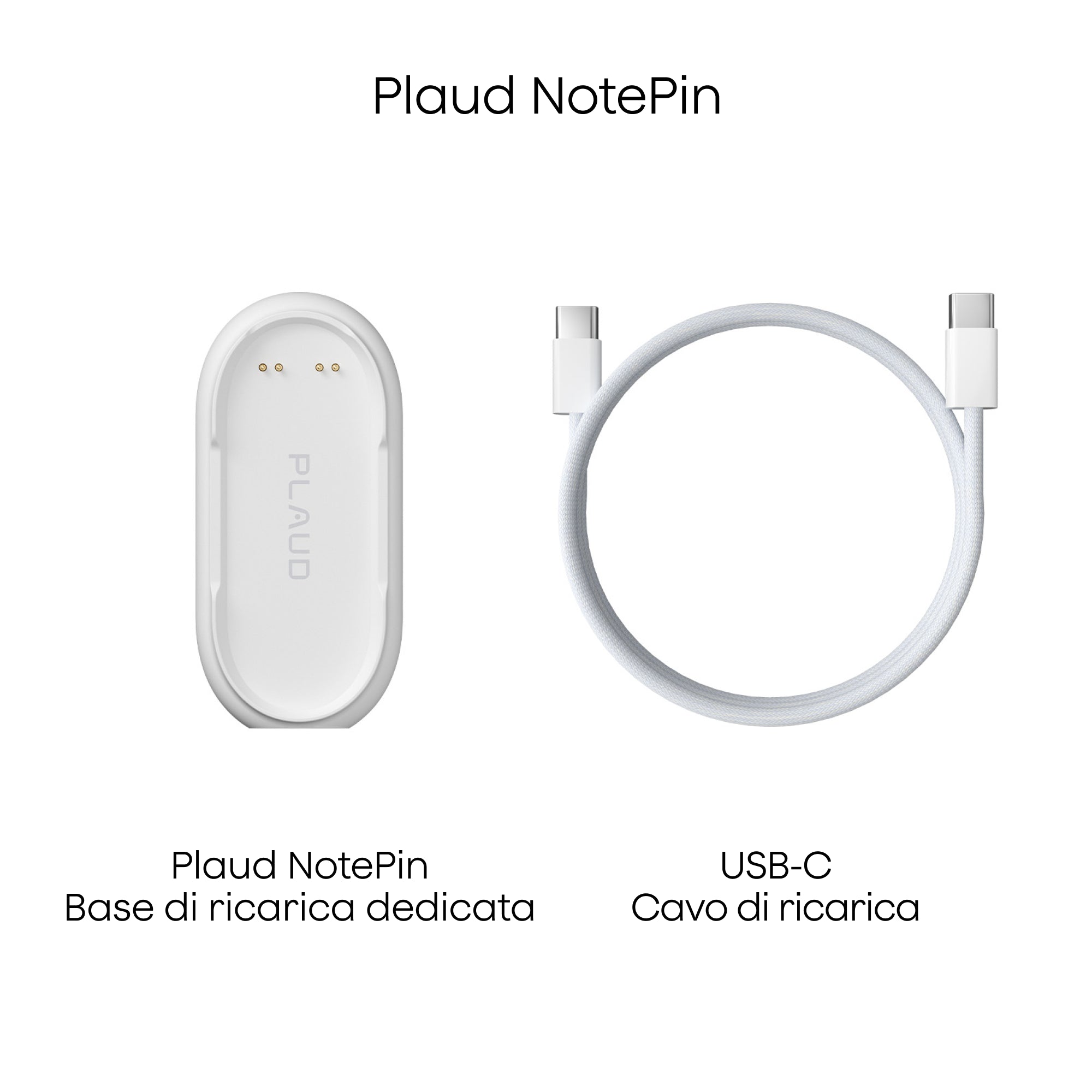 Base di ricarica bianca per Plaud NotePin e cavo di ricarica USB-C bianco.