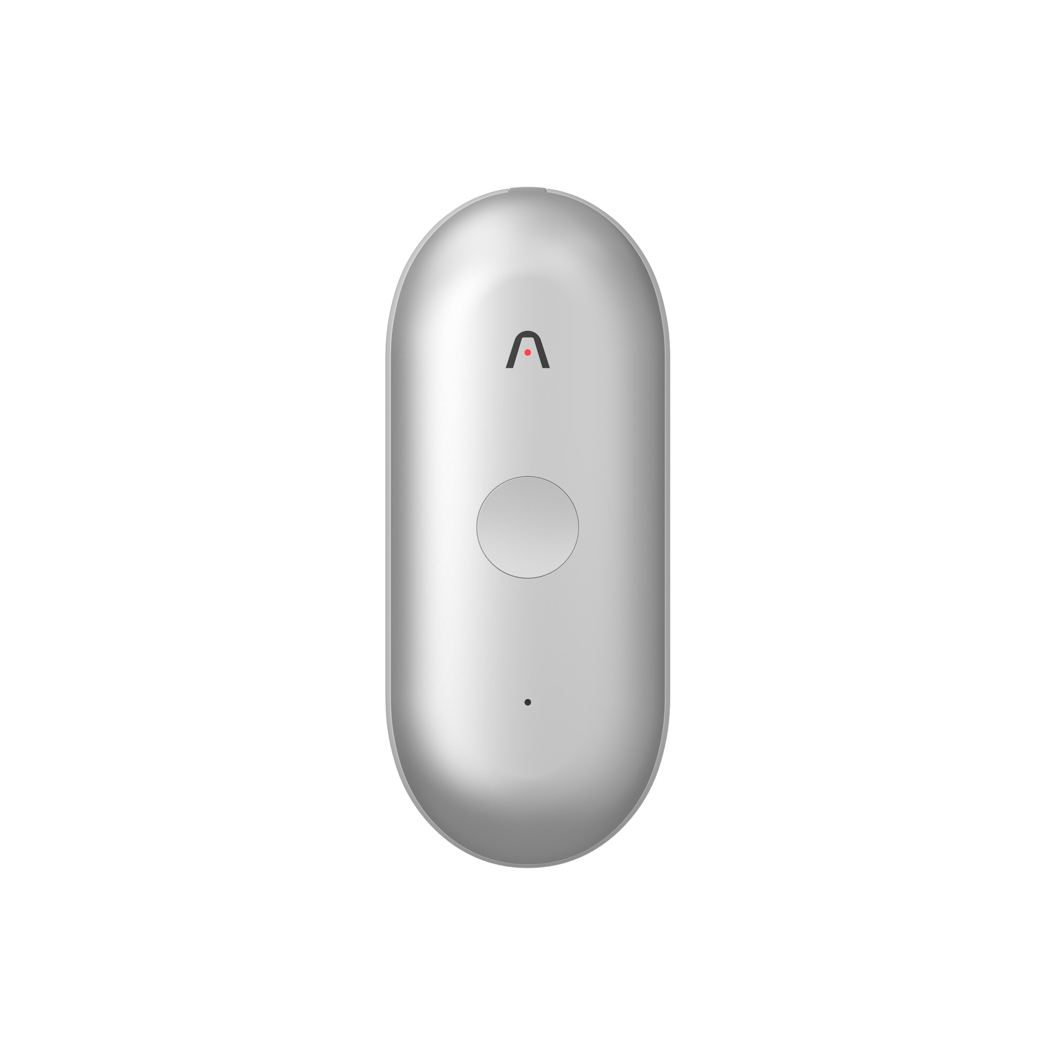 A silver Plaud NotePin S wearable AI recorder features a round central button and a small chevron logo.