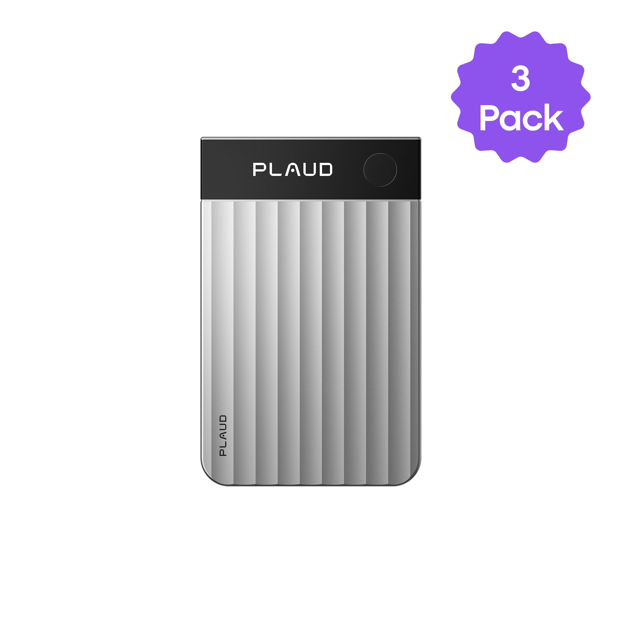 Silver Plaud Note Pro AI voice recorder with a black top, showing its ribbed texture. A purple '3 Pack' sticker is visible.