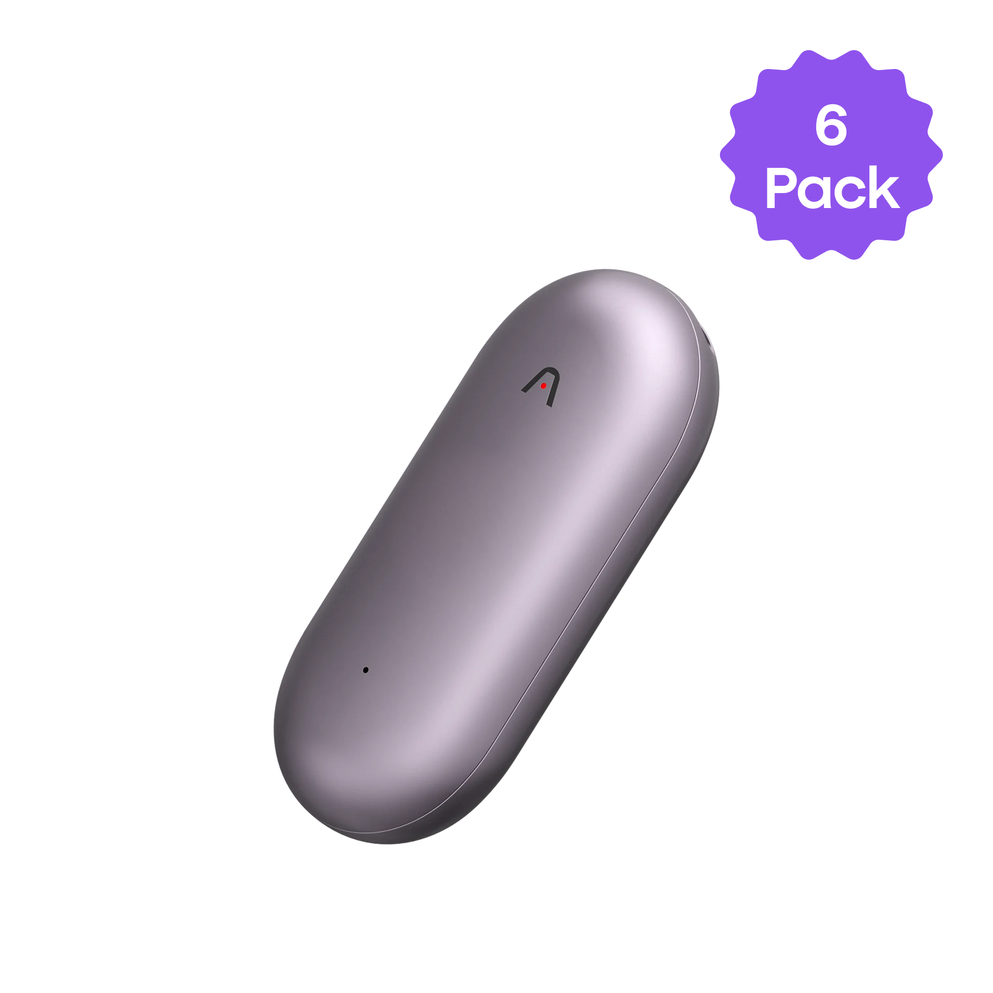 Space grey Plaud NotePin, a small capsule-shaped AI voice recorder. A purple '6 Pack' badge is in the top right.