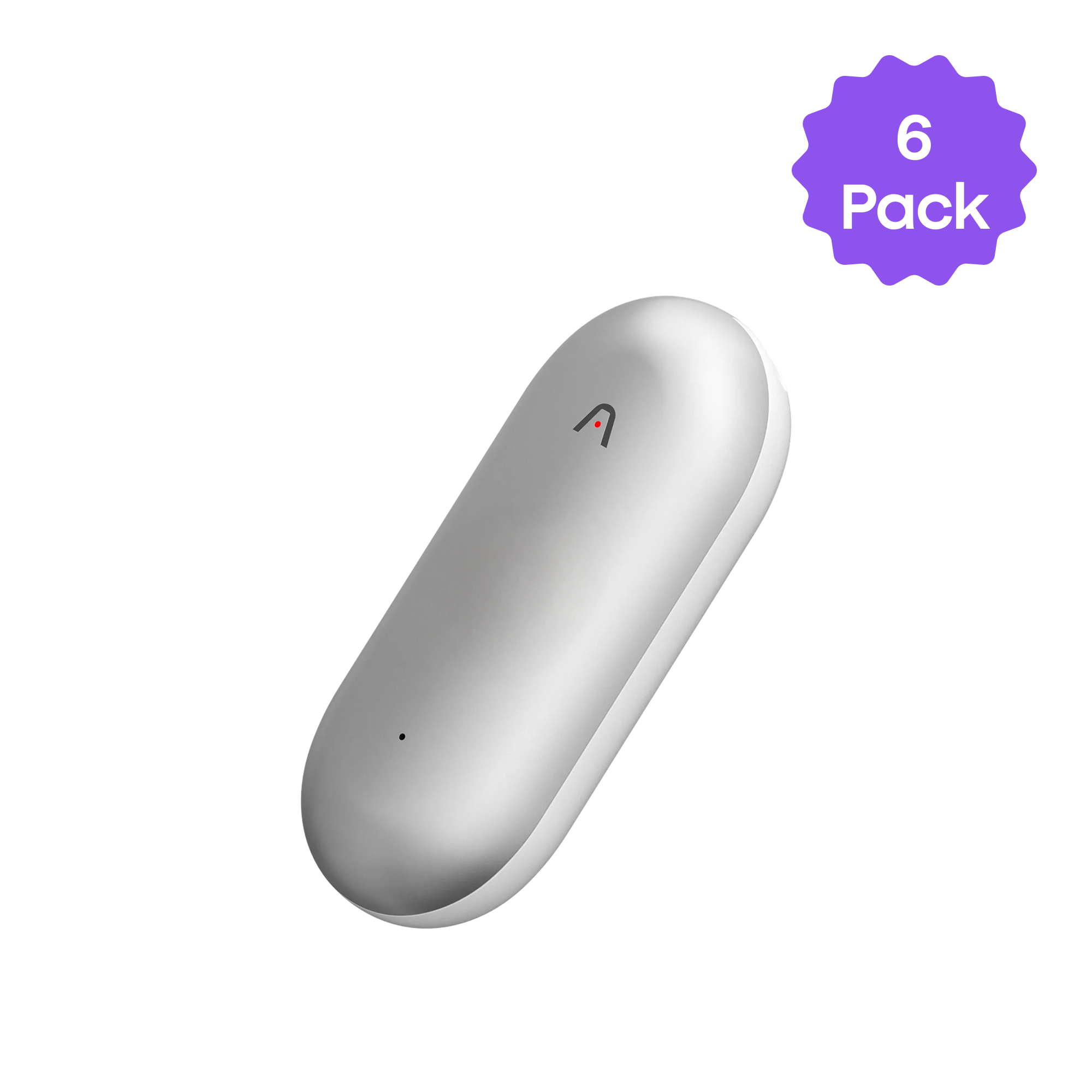 Silver Plaud NotePin, a capsule-shaped AI note taker, with a red 'A' symbol. A purple '6 Pack' label.