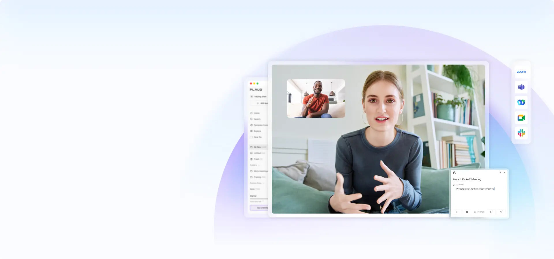 Plaud App transcribing a remote video meeting with icons for Zoom, Microsoft Teams, and Google Meet.