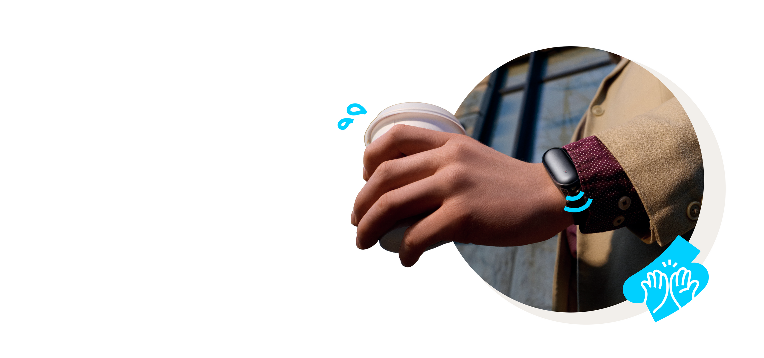 Person wearing a black Plaud NotePin on a wristband while holding a coffee cup.