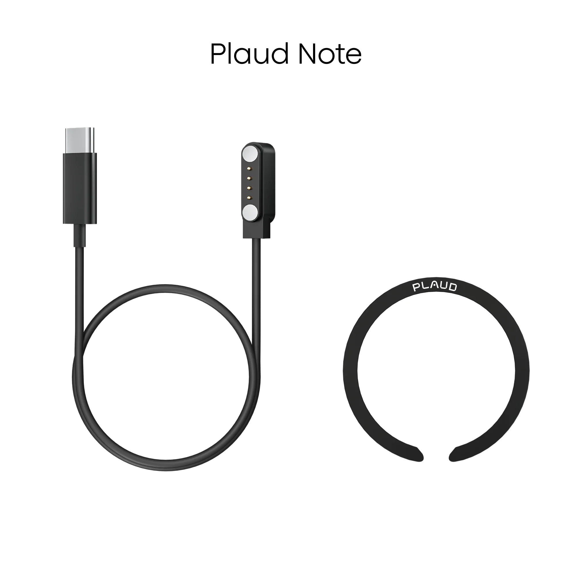 Kit de accesorios para Plaud Note que incluye un cable de carga magnético USB-C negro y un anillo magnético con el logotipo de Plaud.