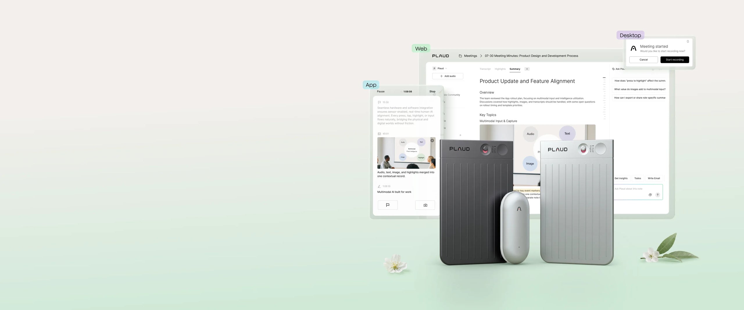 Black and silver Plaud Note Pro and silver Plaud NotePin with Plaud App, Web, and Desktop interfaces.