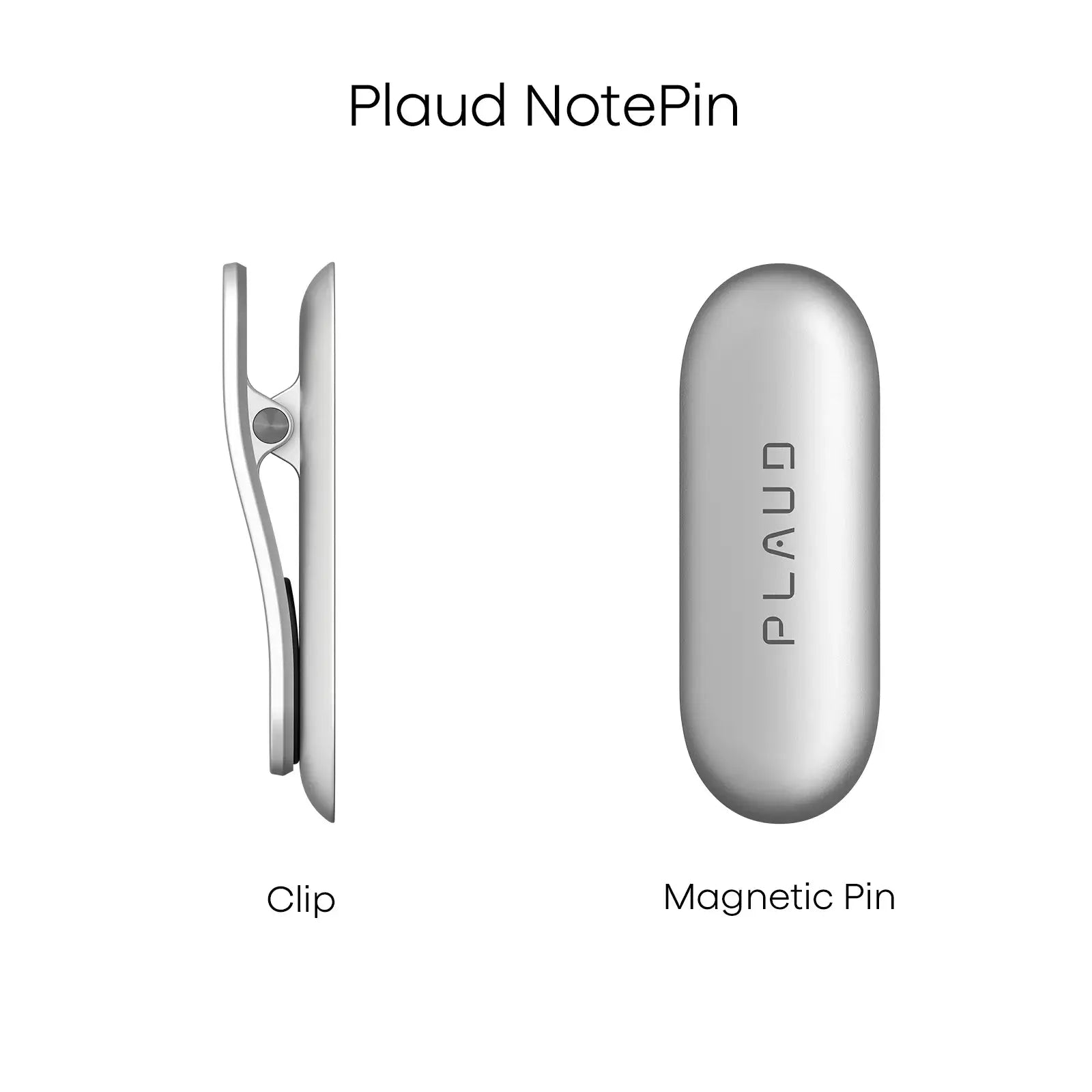 Silver Plaud NotePin wearable AI voice recorder shown with clip and magnetic pin mounting options.