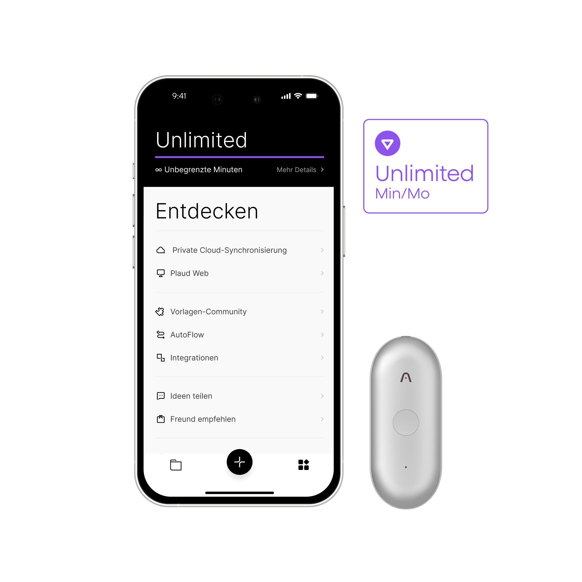 Silberner Plaud NotePin S neben Smartphone mit der Plaud App, die den Plaud Unlimited Plan mit unbegrenzten Minuten zeigt.