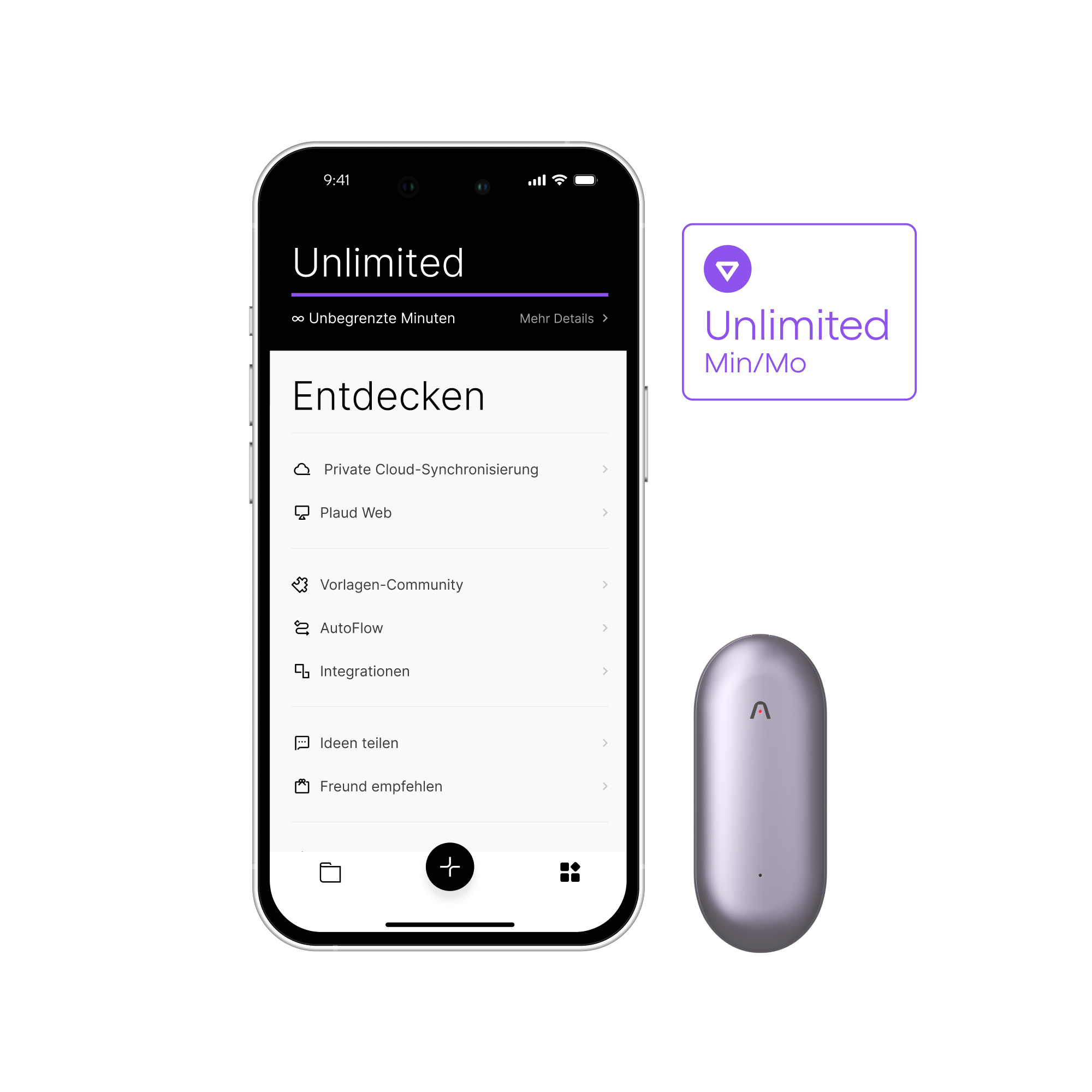 Lila Plaud NotePin neben Smartphone mit Plaud App, die den Plaud Unlimited Plan für unbegrenzte Minuten anzeigt.
