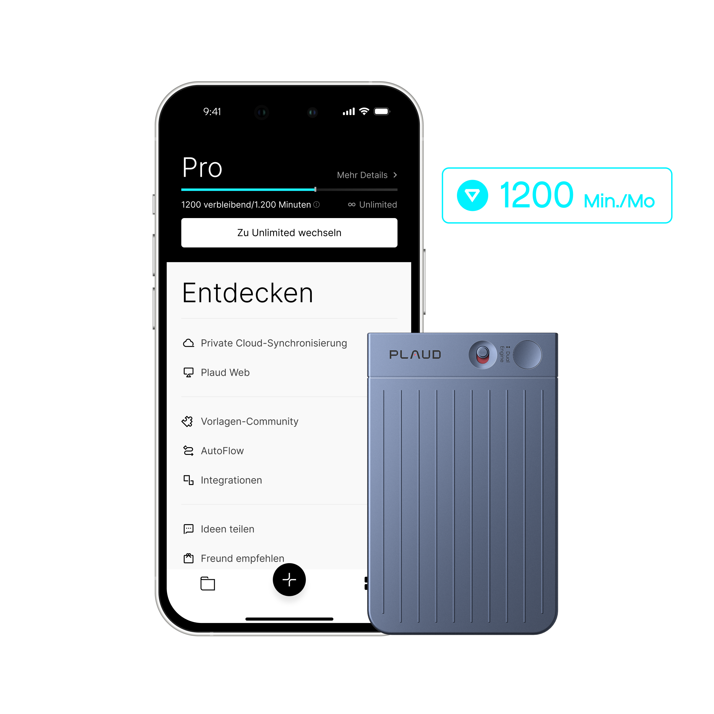 Blauer Plaud Note Pro Rekorder neben der Plaud App, die 1200 Transkriptionsminuten im Plaud Pro Plan anzeigt.