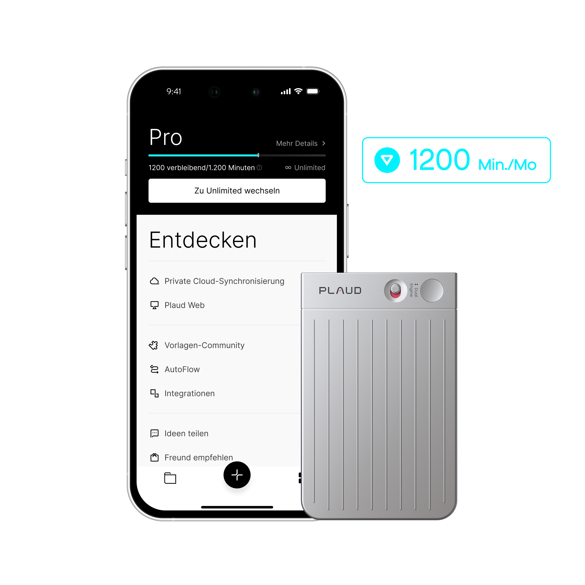 Silberner Plaud Note Pro neben Smartphone mit Plaud App, die den Pro Plan mit 1200 Min./Mo anzeigt.