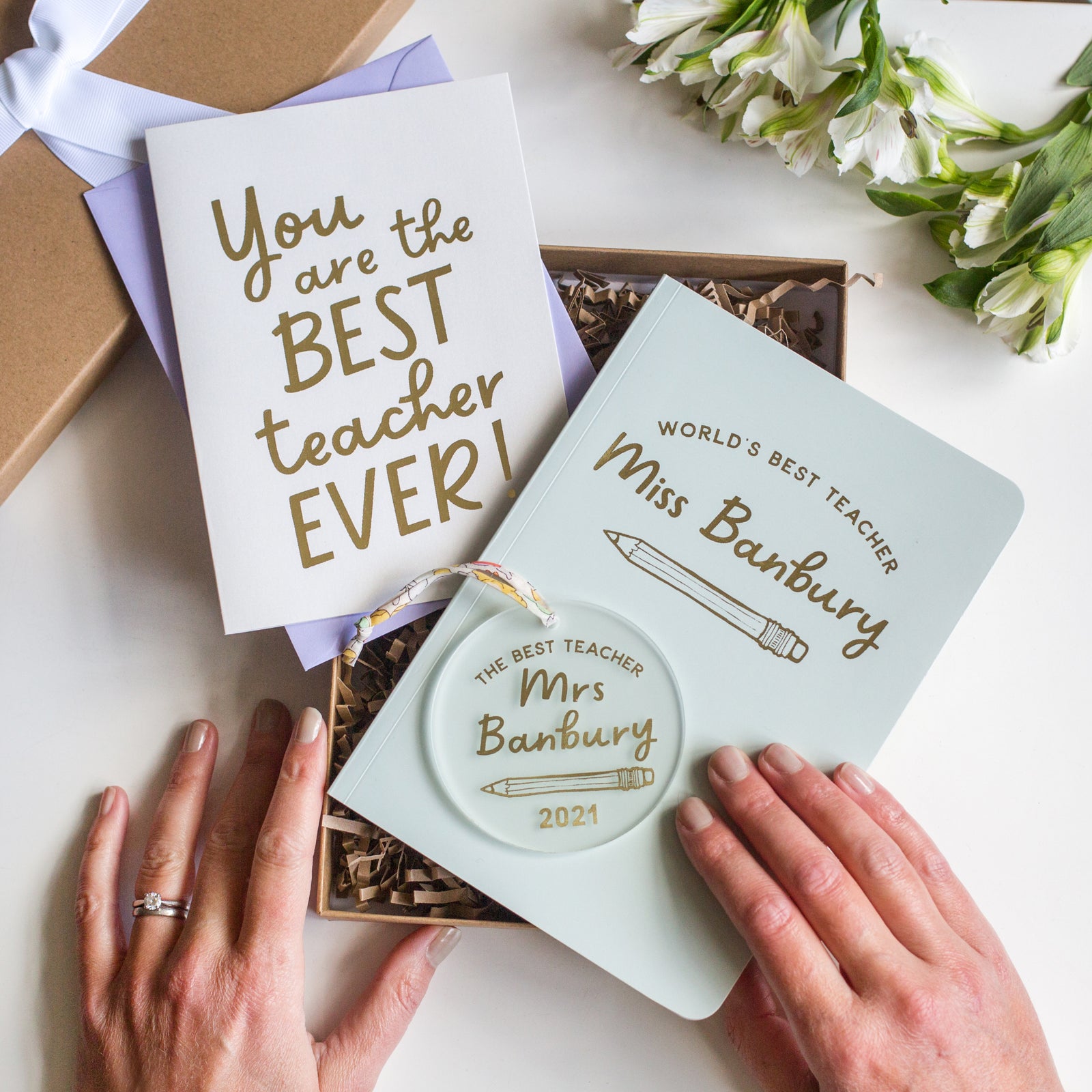 you teacher gift set including a personalised notebook, keepsake