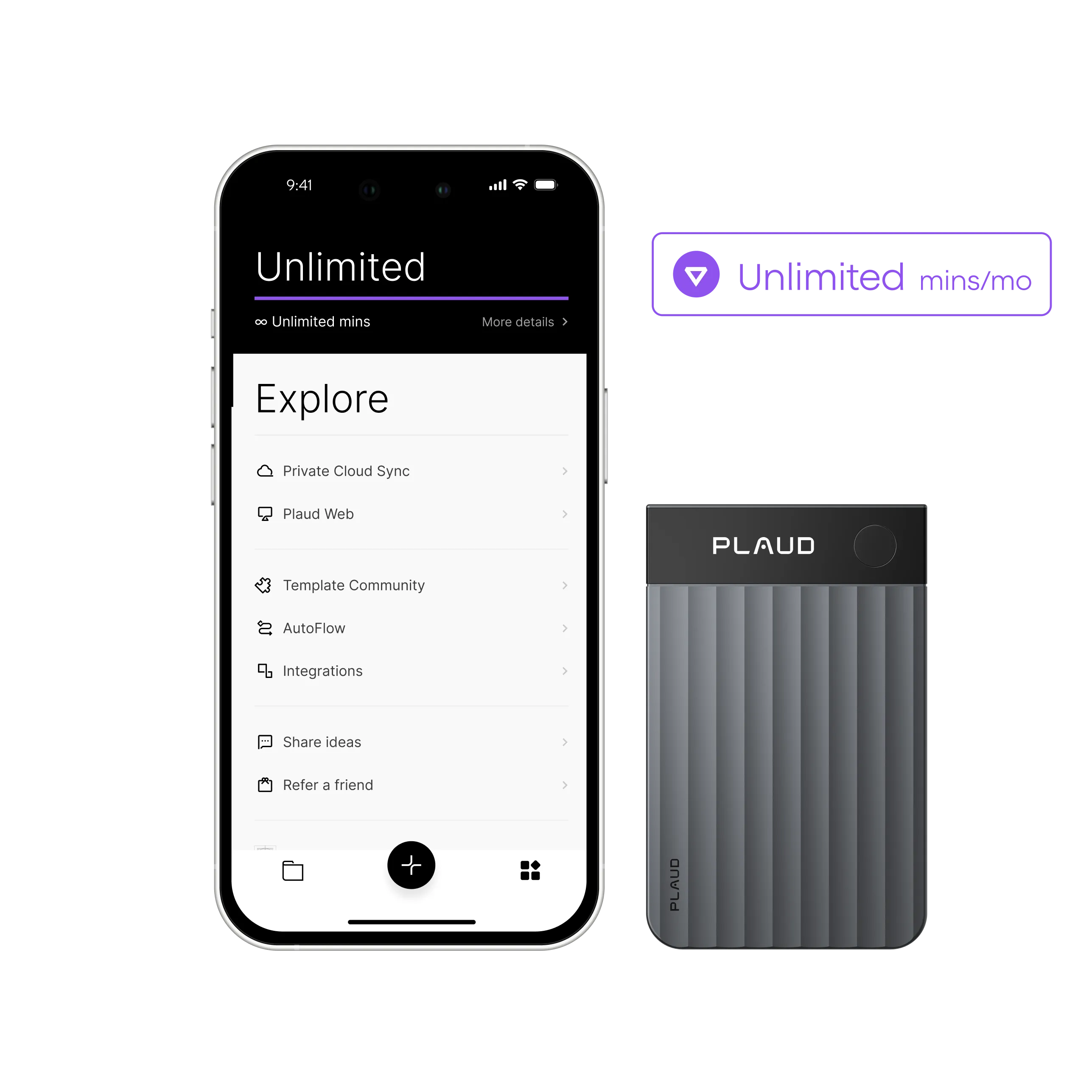 A black Plaud Note Pro sits beside a smartphone showing the Plaud App's Unlimited Plan features and an unlimited minutes badge.