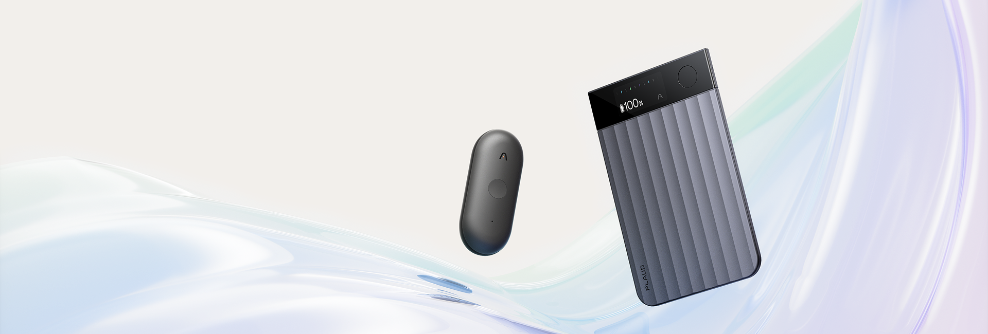 A black Plaud NotePin S wearable recorder and a gray Plaud Note Pro card-shaped recorder float against a light, abstract wavy background.