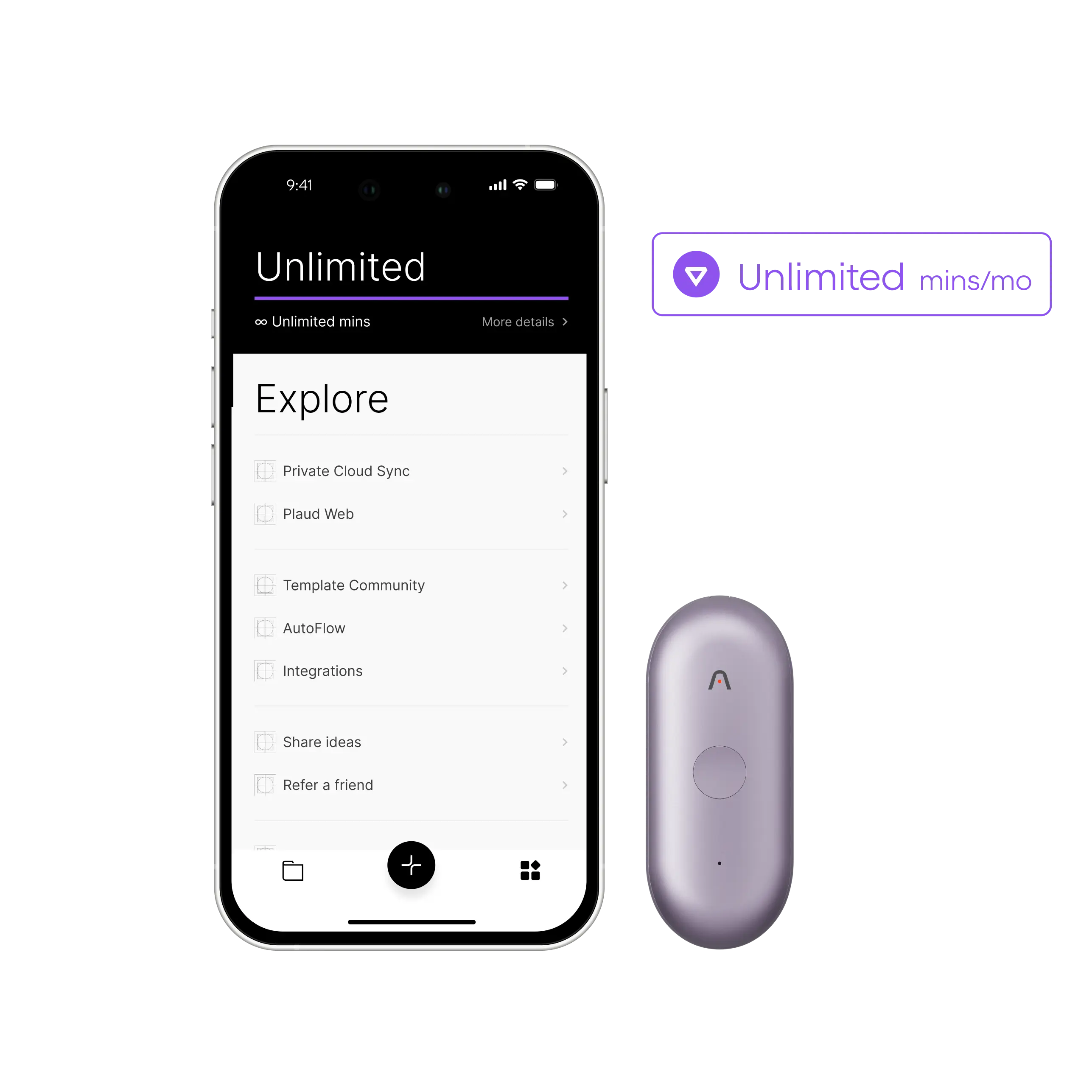 Purple Plaud NotePin S and smartphone showing Plaud App interface for the Plaud Unlimited Plan.