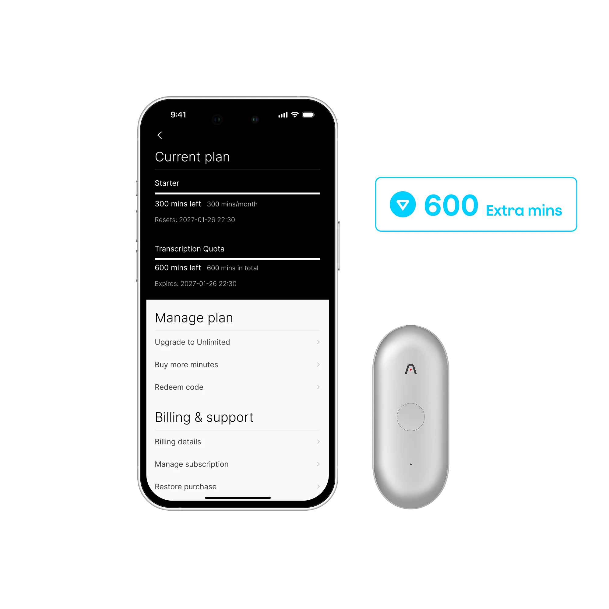 Plaud NotePin S y extensión complementaria de 600 minutos