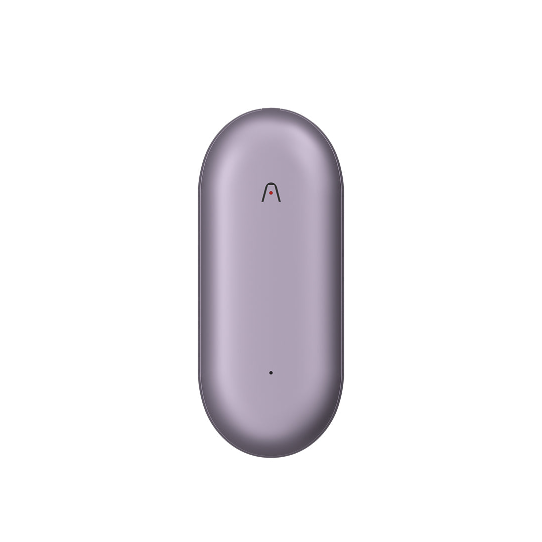 Purple Plaud NotePin AI voice recorder with a sleek, pill-shaped design and minimalist logo.