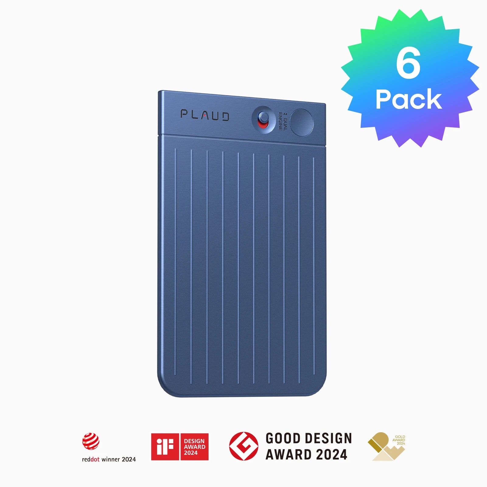 Blue PLAUD NOTE AI voice recorder 6-pack with Red Dot, iF, and Good Design 2024 award logos.