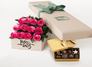 bright pink roses gift box 12 & godiva chocolates