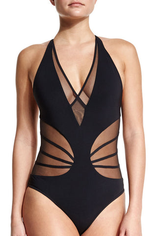 Iyasson Sexy Black See through Halter One-piece Swimsuit