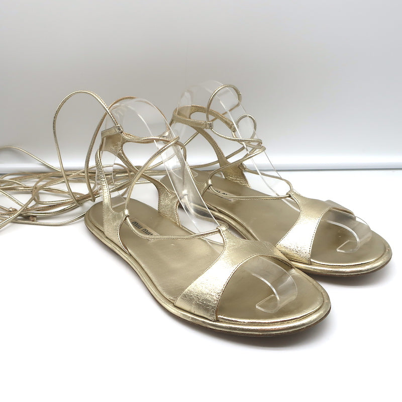 Miu Miu Ankle Wrap Flat Gladiator Sandals Gold Metallic Leather Size 38.5