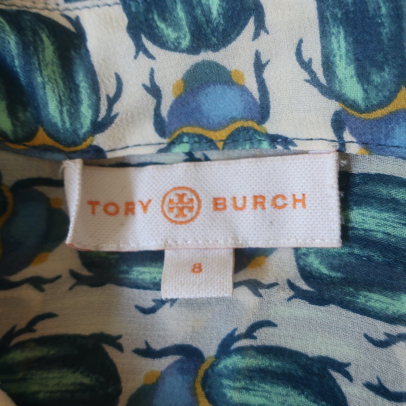 Tory Burch Blouse Kerry Scarab Print Silk Chiffon Size 8 Long Sleeve Top