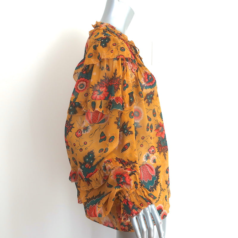 Ulla Johnson Miray Blouse Mustard Floral Print Chiffon Size 14 Long Sleeve Top