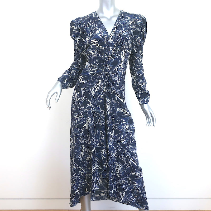 Isabel Marant Midi Dress Albini Navy Marble Print Ruched Silk Size 36