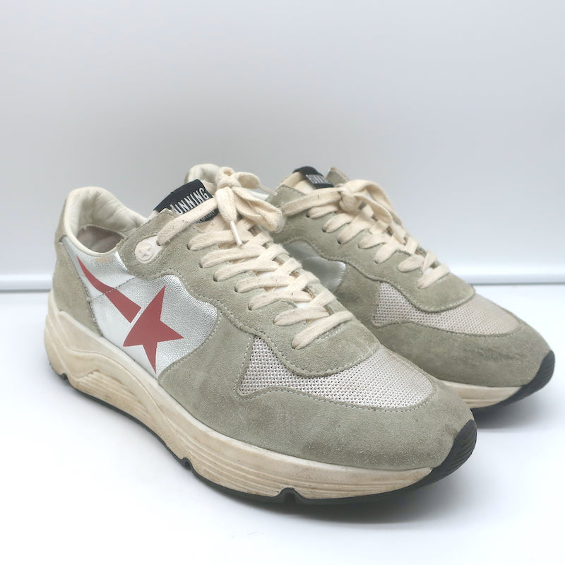 Golden Goose Running Sole Sneakers Silver Leather & Gray Suede Size 38