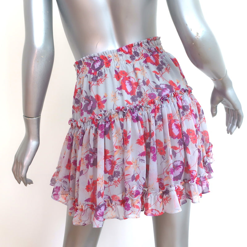 MISA Marion Ruffle Mini Skirt Gray/Multi Floral Print Chiffon Size Small