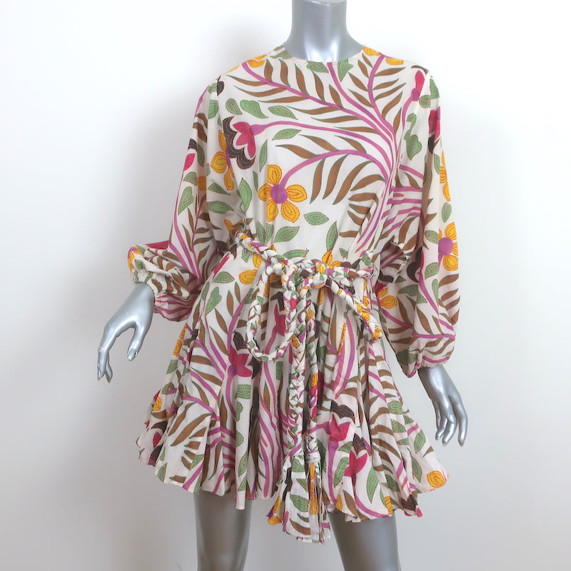 RHODE Ella Belted Mini Dress Cream/Multi Floral Print Cotton Size Extra Small
