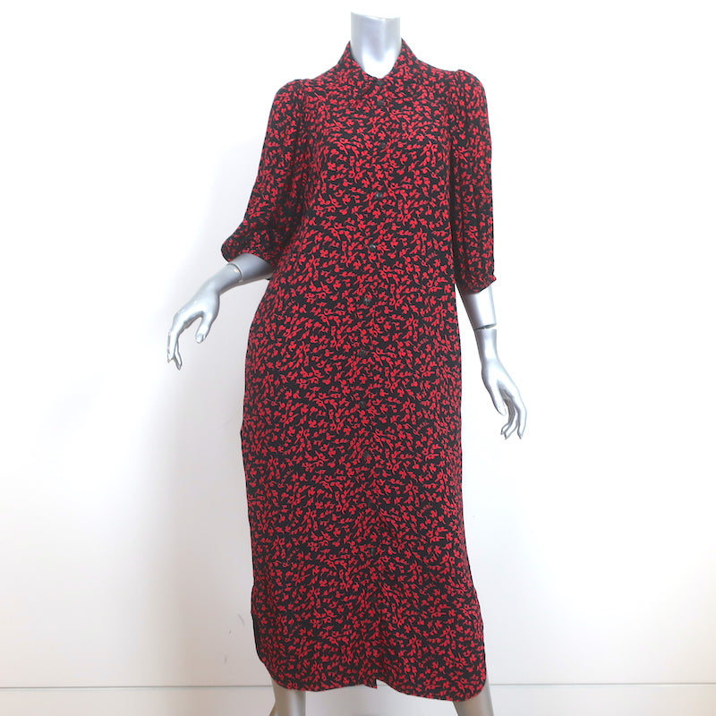 Ganni Shirtdress Black & Red Vine Print Crepe Size 38 Short Sleeve Midi Dress