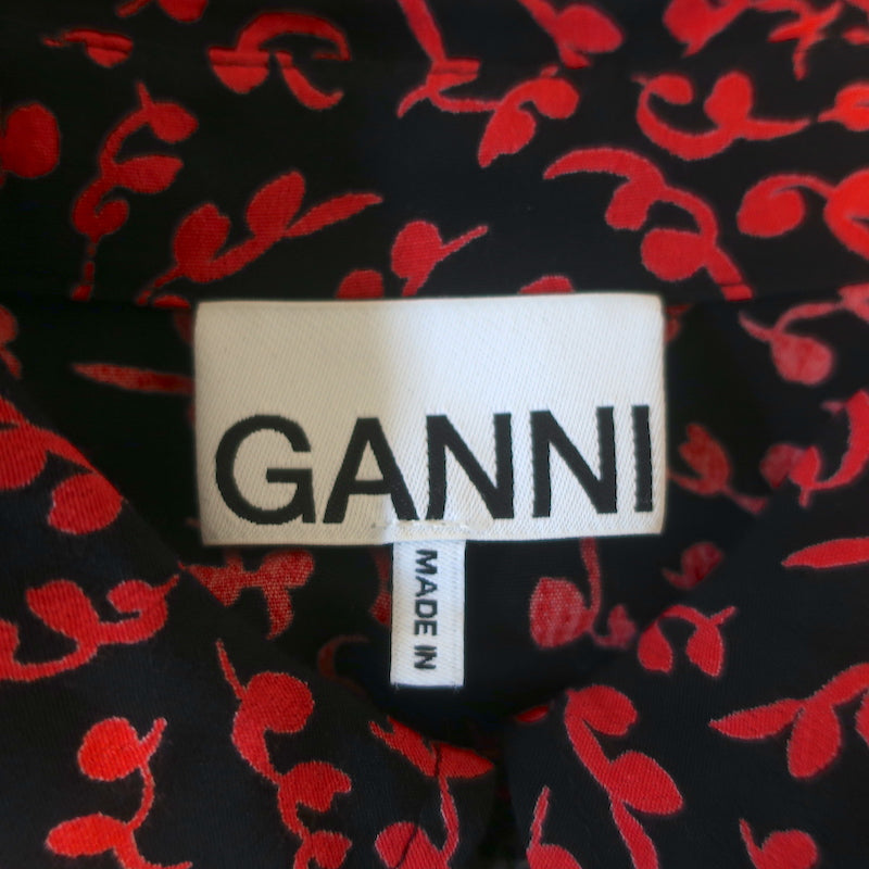 Ganni Shirtdress Black & Red Vine Print Crepe Size 38 Short Sleeve Midi Dress