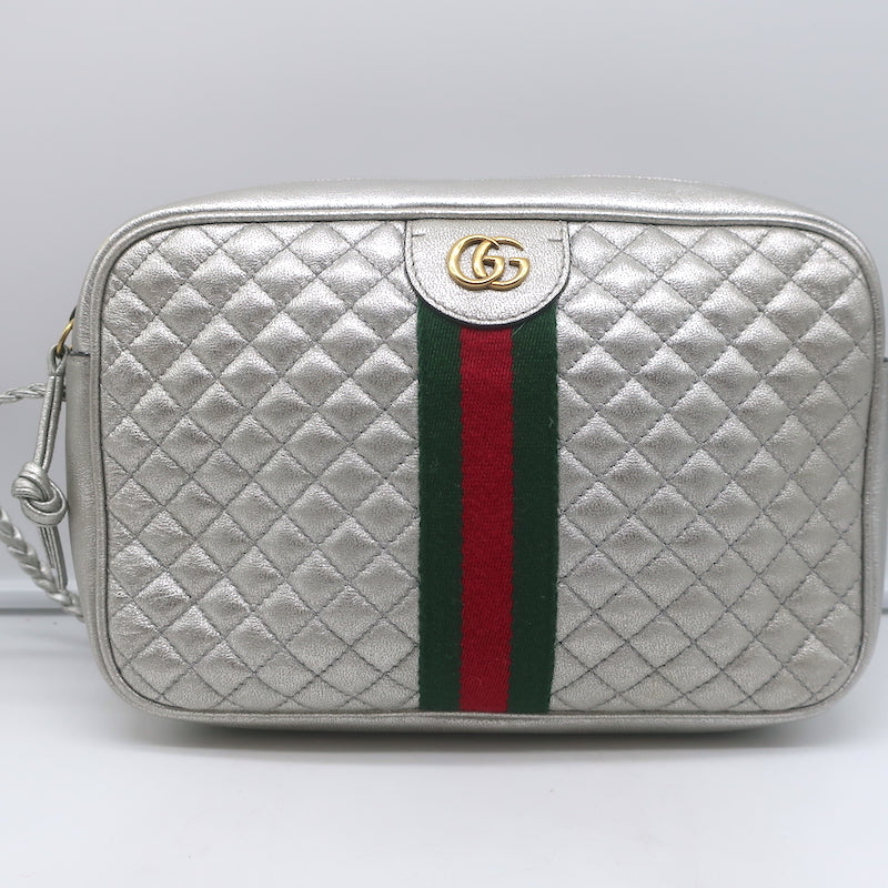 Gucci Trapuntata Small Camera Bag Silver Metallic Quilted Leather Crossbody